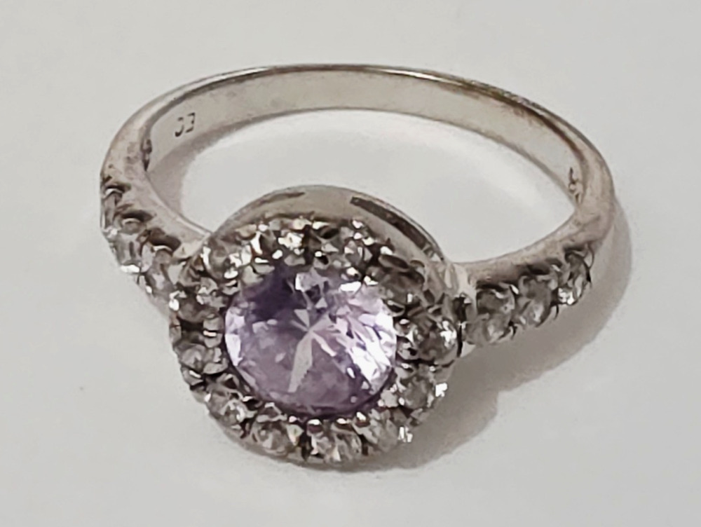 Rose de France Amethyst & Zircon halo Ring Sterling 925 SS size 7 Signed EC